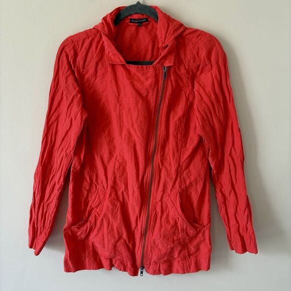 EILEEN FISHER Orange Red Lory Rumpled Cotton Steel Hooded Jacket Small Lagenlook - Picture 1 of 13